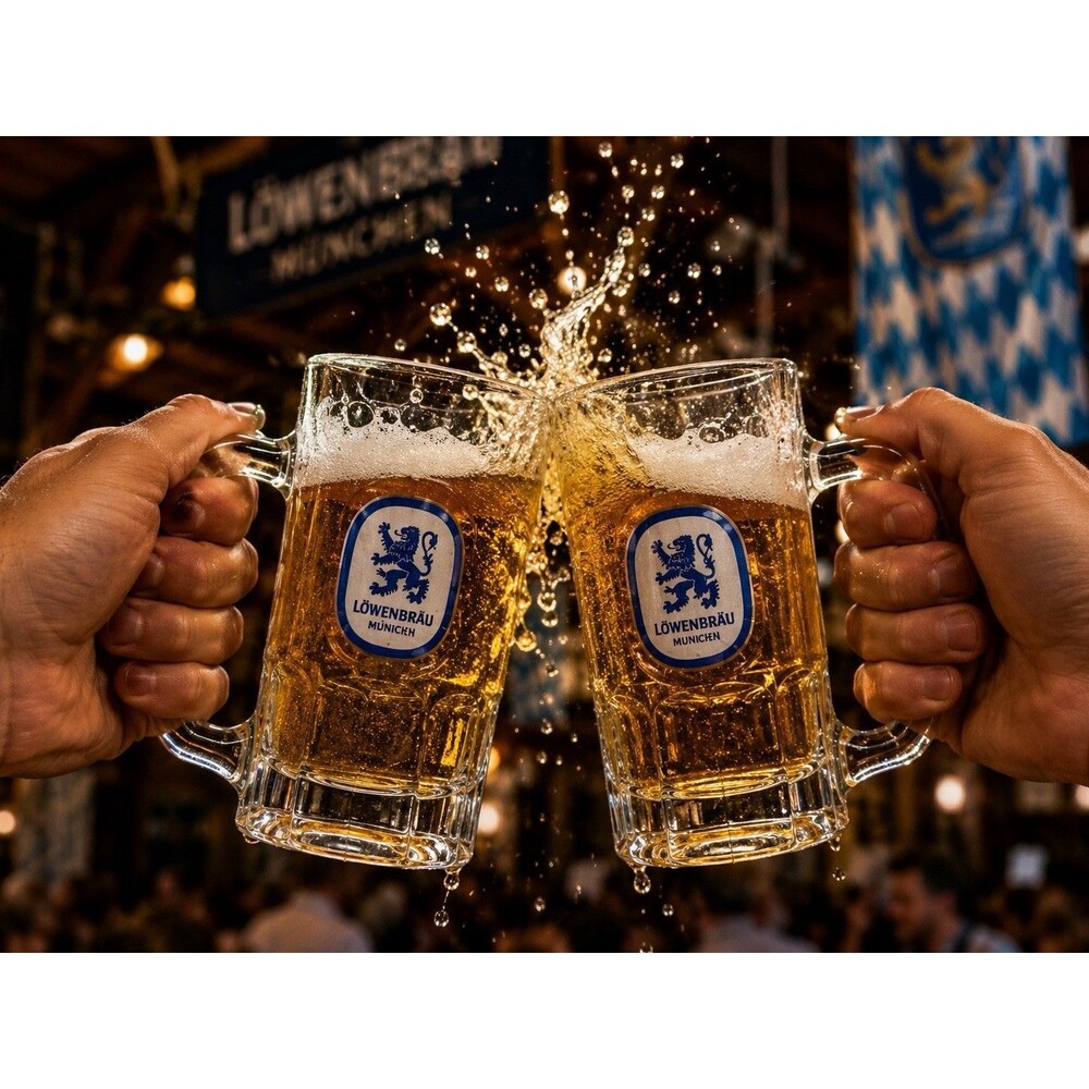 Löwenbräu München Set of 2 Beer Glass Mugs with Handles, Breweriana